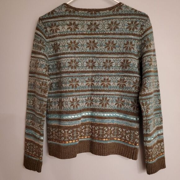 Talbots Lambswool Fair Isle Snowflake Embellished Full Zip Cardigan Size S - Picture 5 of 6